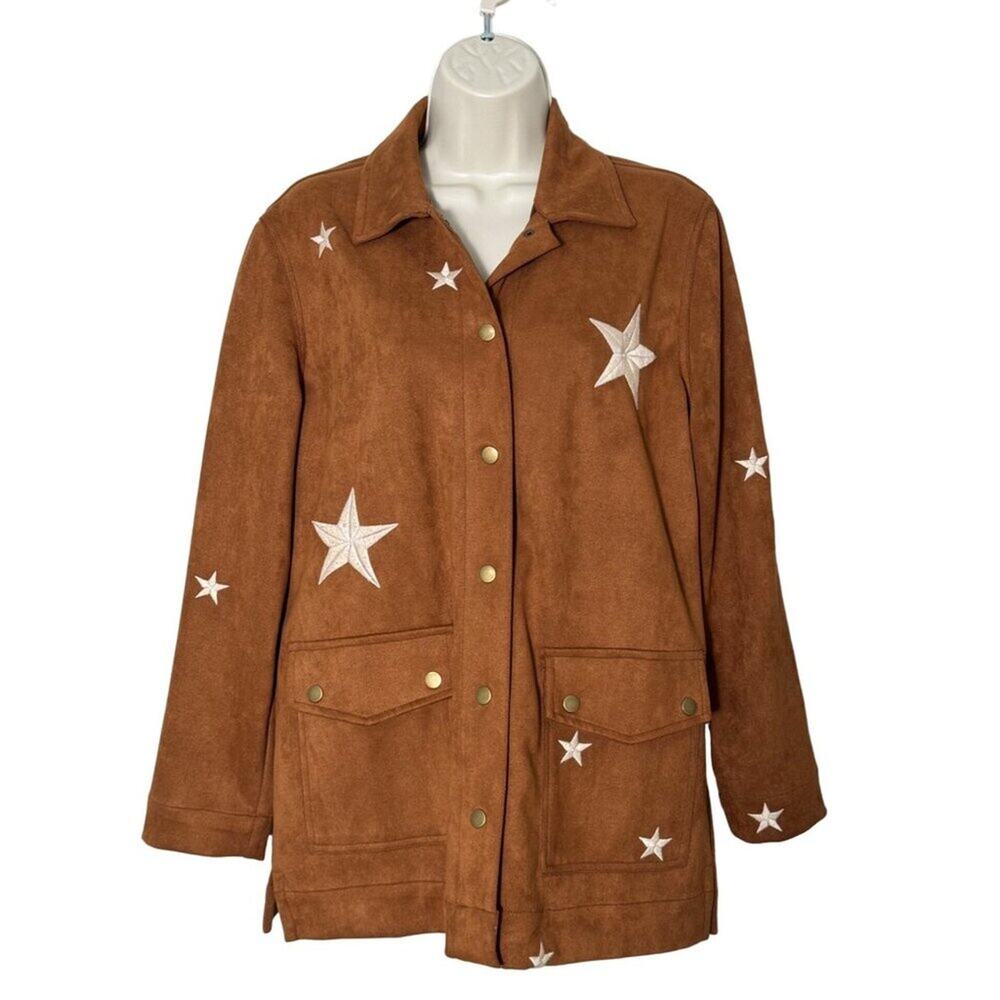 THML Faux Suede Brown Western Jacket Embroidered White Stars XS‎